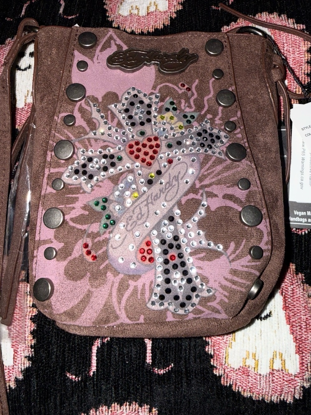 🌻🍁NEW🌻 Ed Hardy Pink & Brown Studded Crossbody Bag with Rhinestone Tattoo Motif